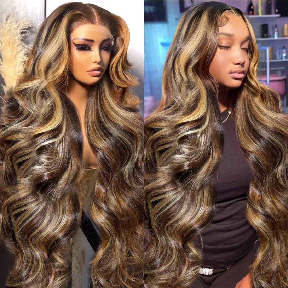 Human Hair Wigs - شعر مستعار بشري مموج بلون هايلايت